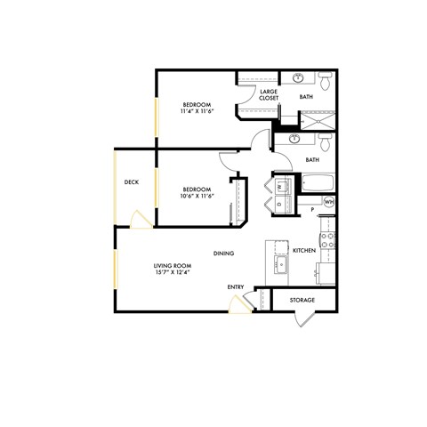 Floor plan for 2 beds, 2 baths, 1005 sqft